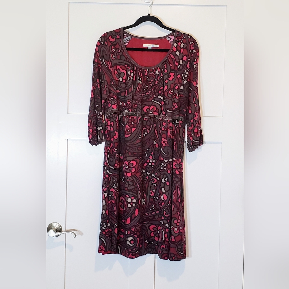 Boden Effortless Dress Midi Velour Trim Size 12L Berry Funky Floral Gray Pink